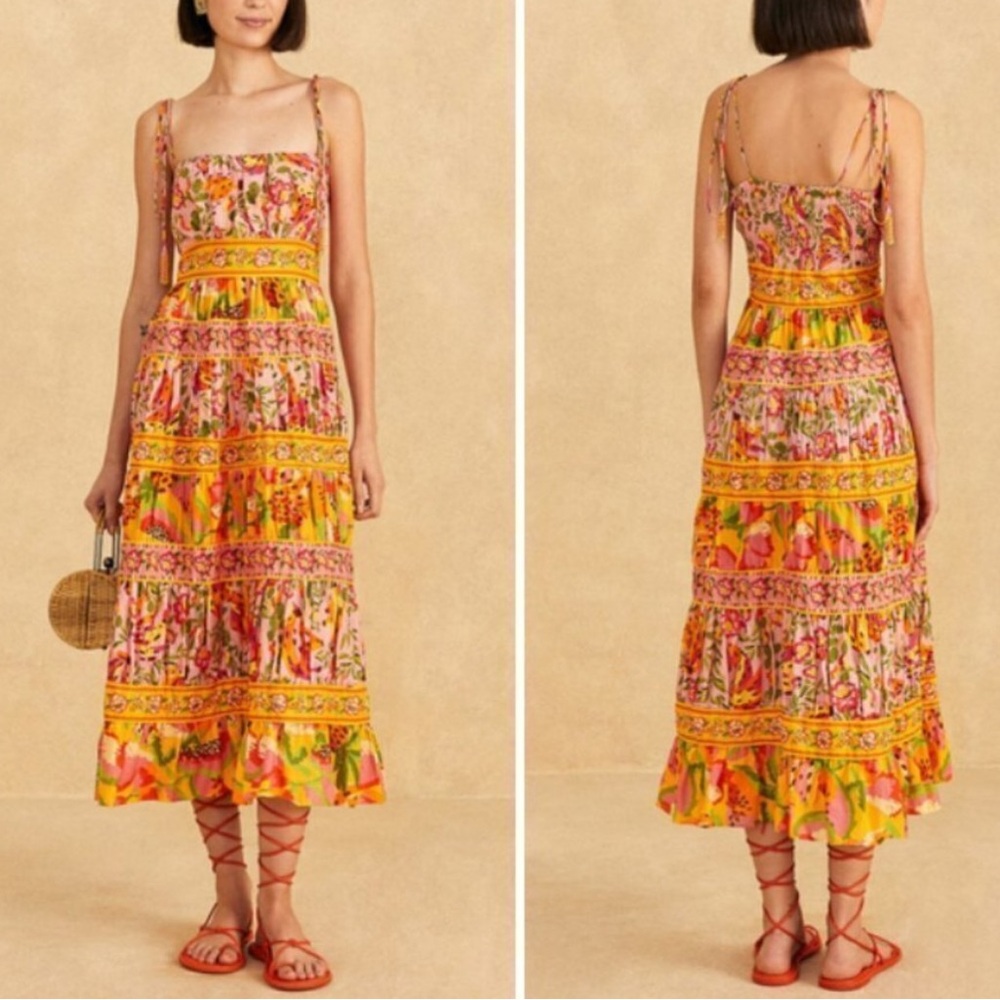 FARM Rio Yellow Pink Floral Tiered Midi Dress